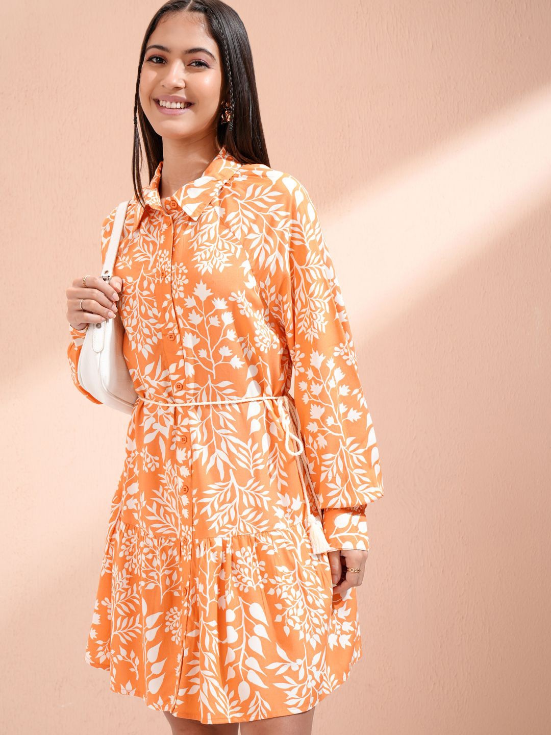 

ESPYR By Tokyo Talkies Women Floral Printed Ruffled A-Line Above Knee Dress, Orange
