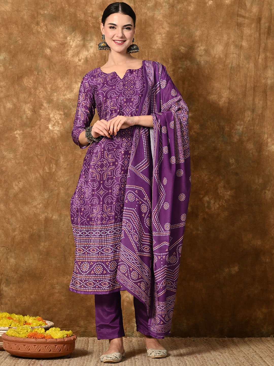 

Mesqlu Notch Neck Bandhani Printed Straight Kurta with Trouser & Dupatta, Purple