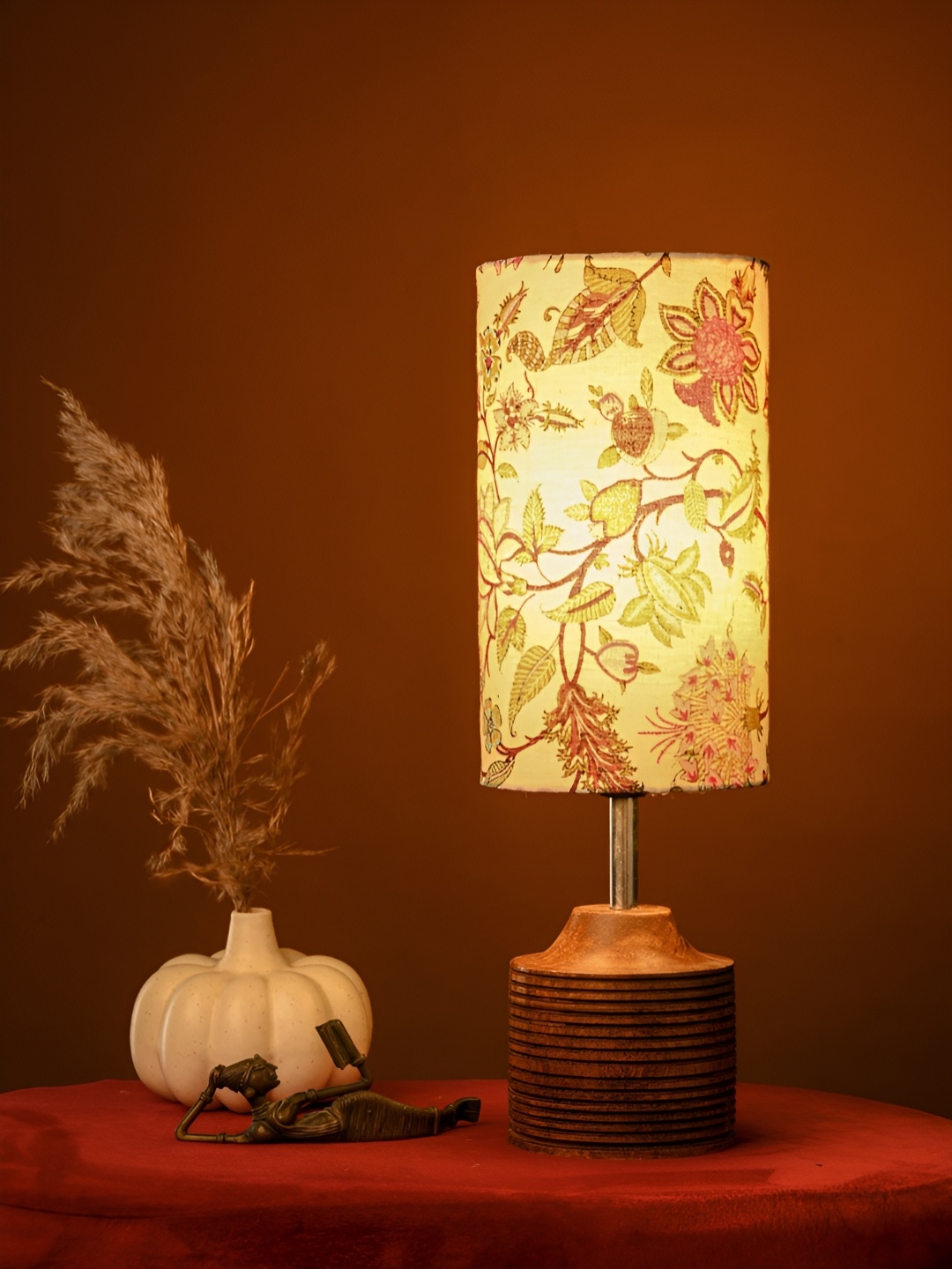 

green girgit Brown Printed Wood Cylindrical Shaped Table Lamp