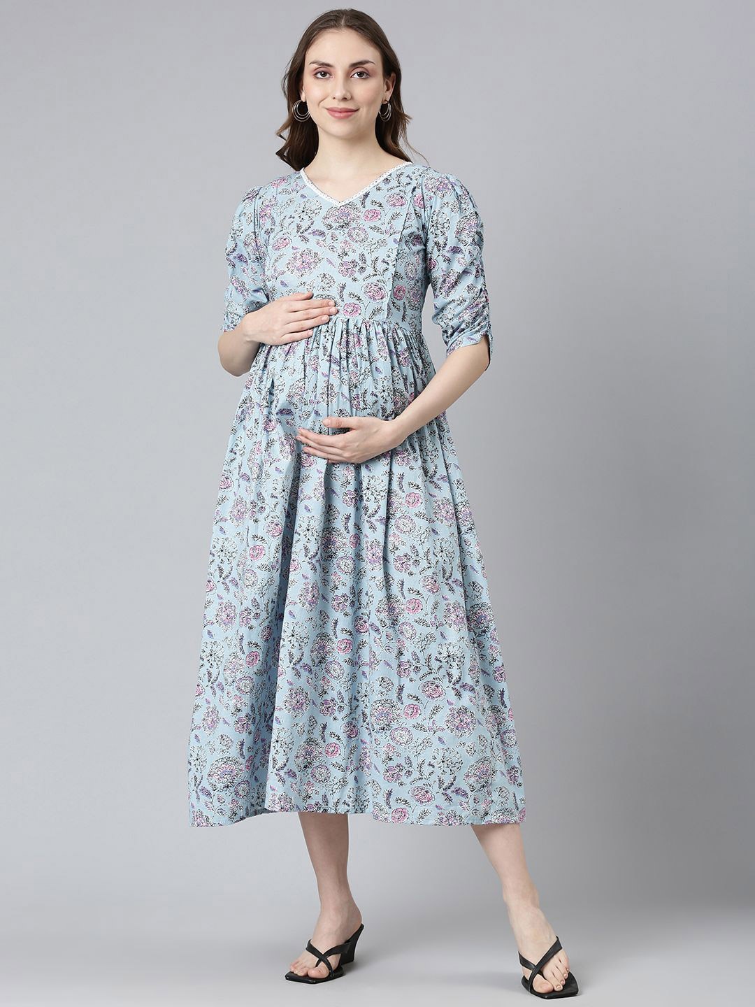 

Swishchick Floral Printed Puff Sleeve Cotton Maternity Fit & Flare Midi Dress, Blue