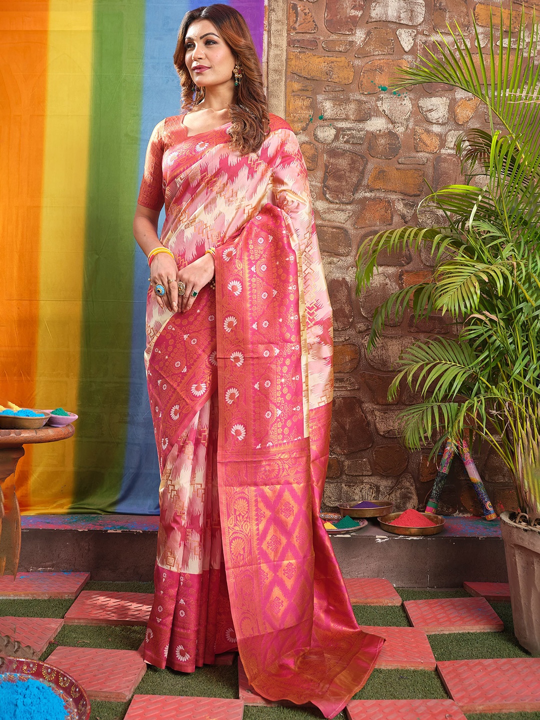 

Areca Designer Woven Design Pure Silk Banarasi Saree, Cream