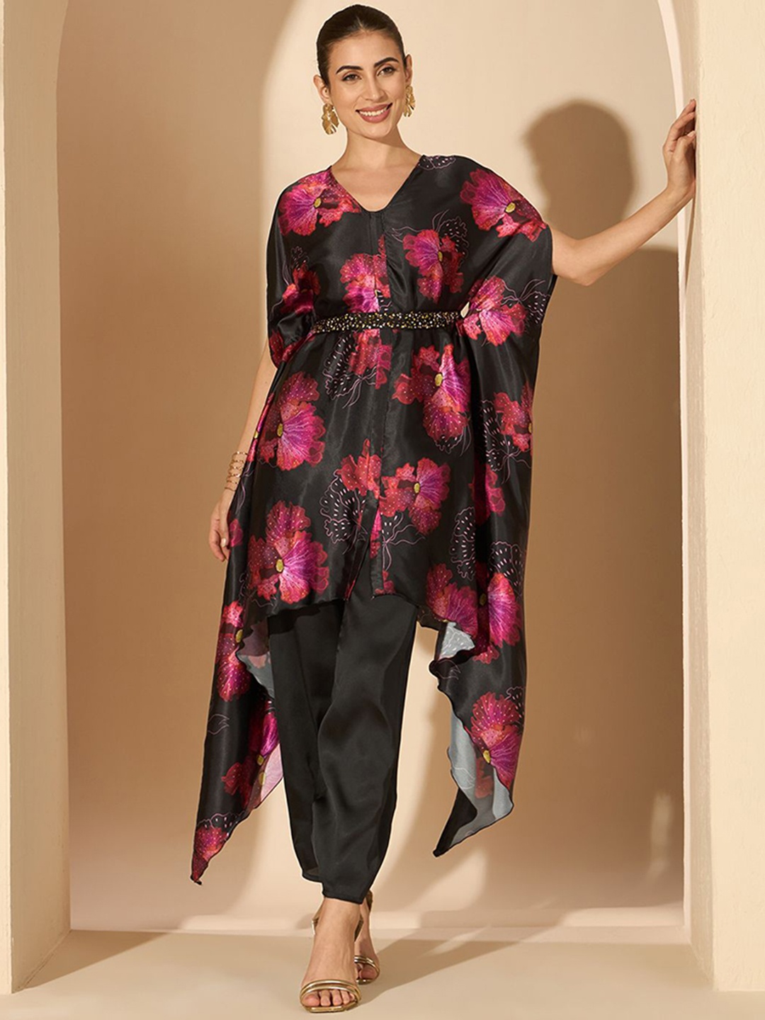 

Antheaa Black Floral Satin Printed V-Neck Tunic with Trousers