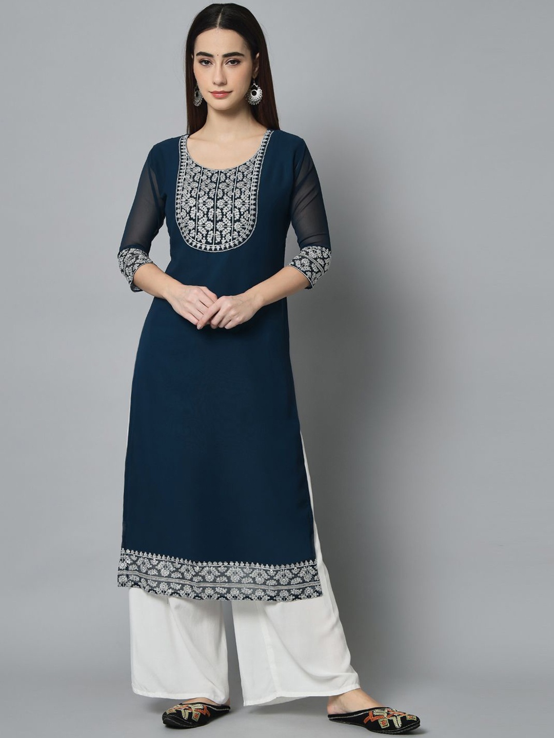 

HERE&NOW Floral Embroidered Georgette Straight Kurta, Teal