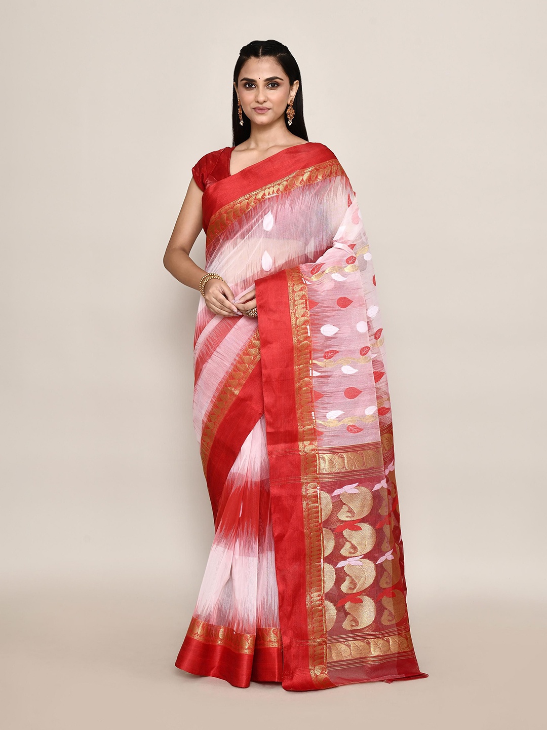 

PUKU Ethnic Motifs Woven Design Taant Saree, White