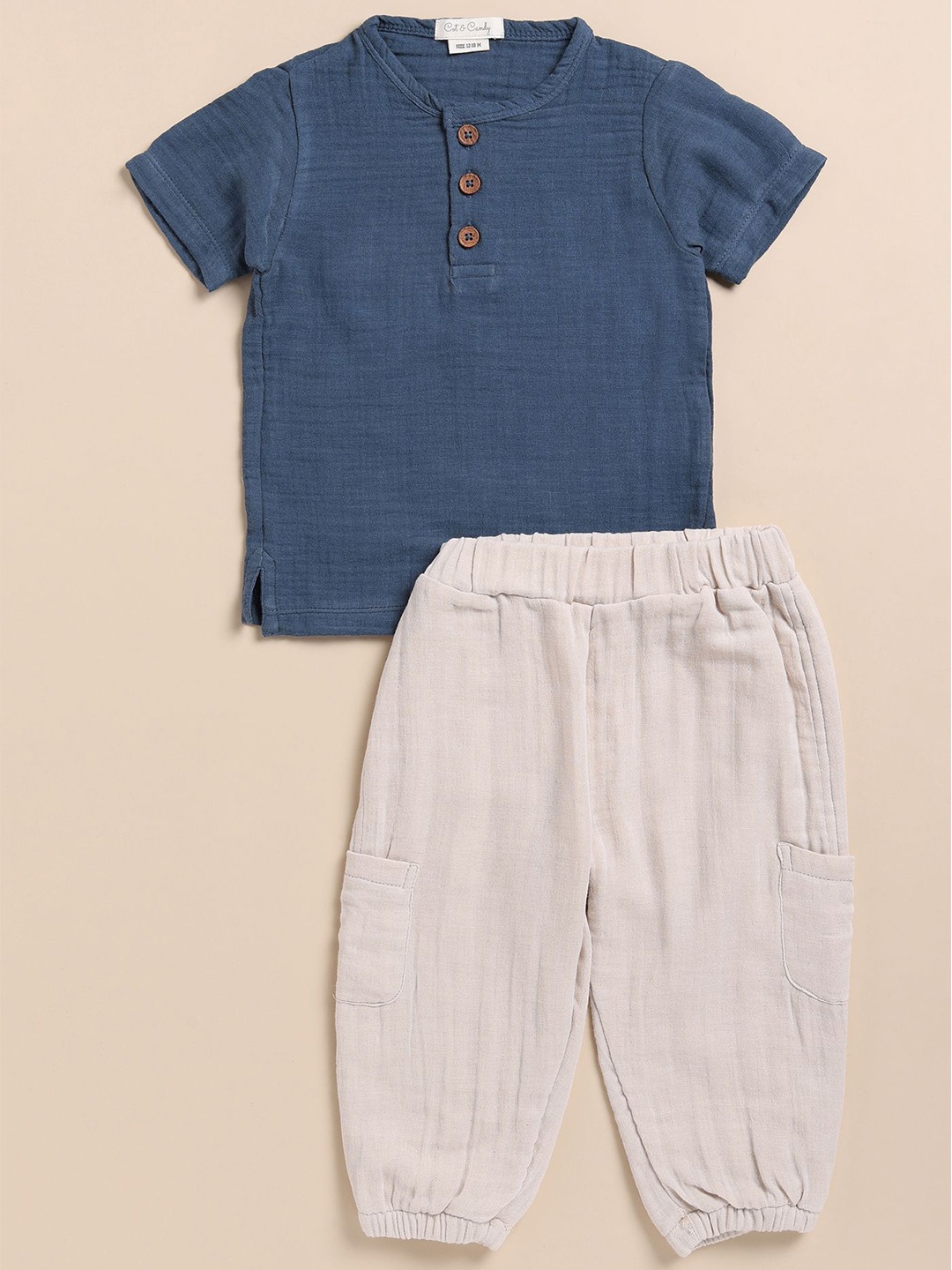 

COT & CANDY Kids Henley Neck T-Shirt With Joggers, Navy blue