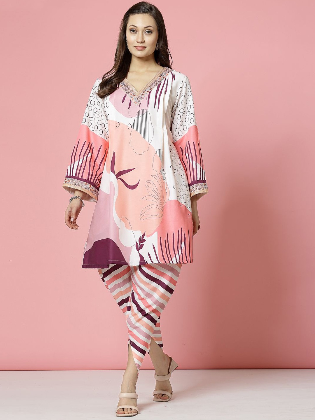 

Clora Creation Floral Printed Thread Work Tunic With Dhoti Pant, Peach