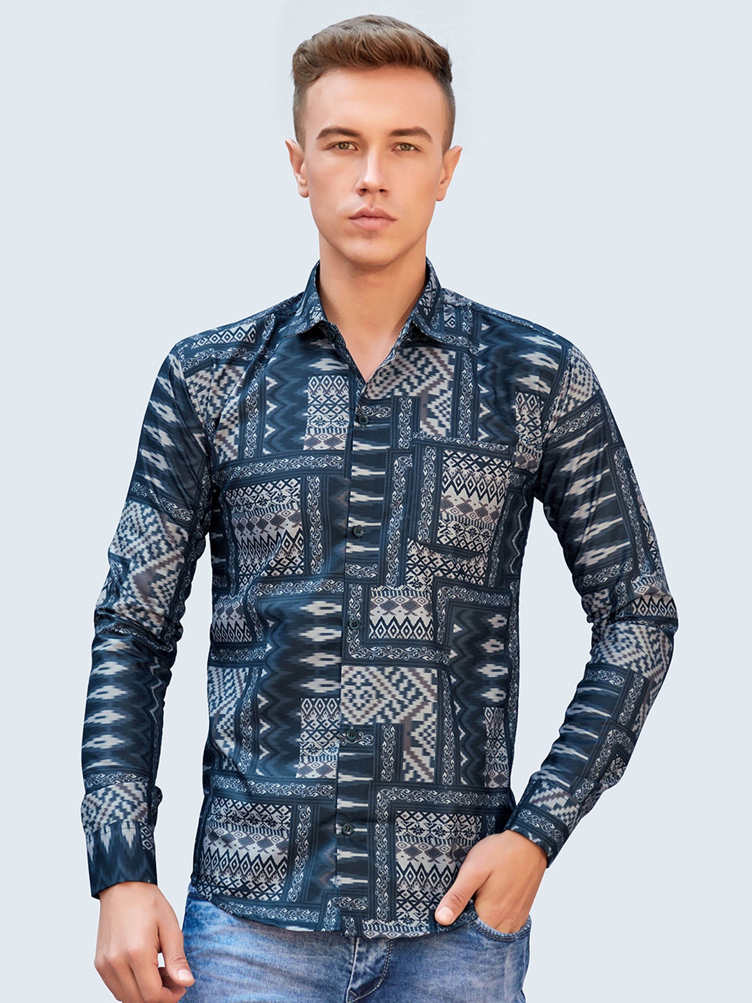 

FashionX Men Classic Slim Fit Opaque Printed Party Shirt, Blue