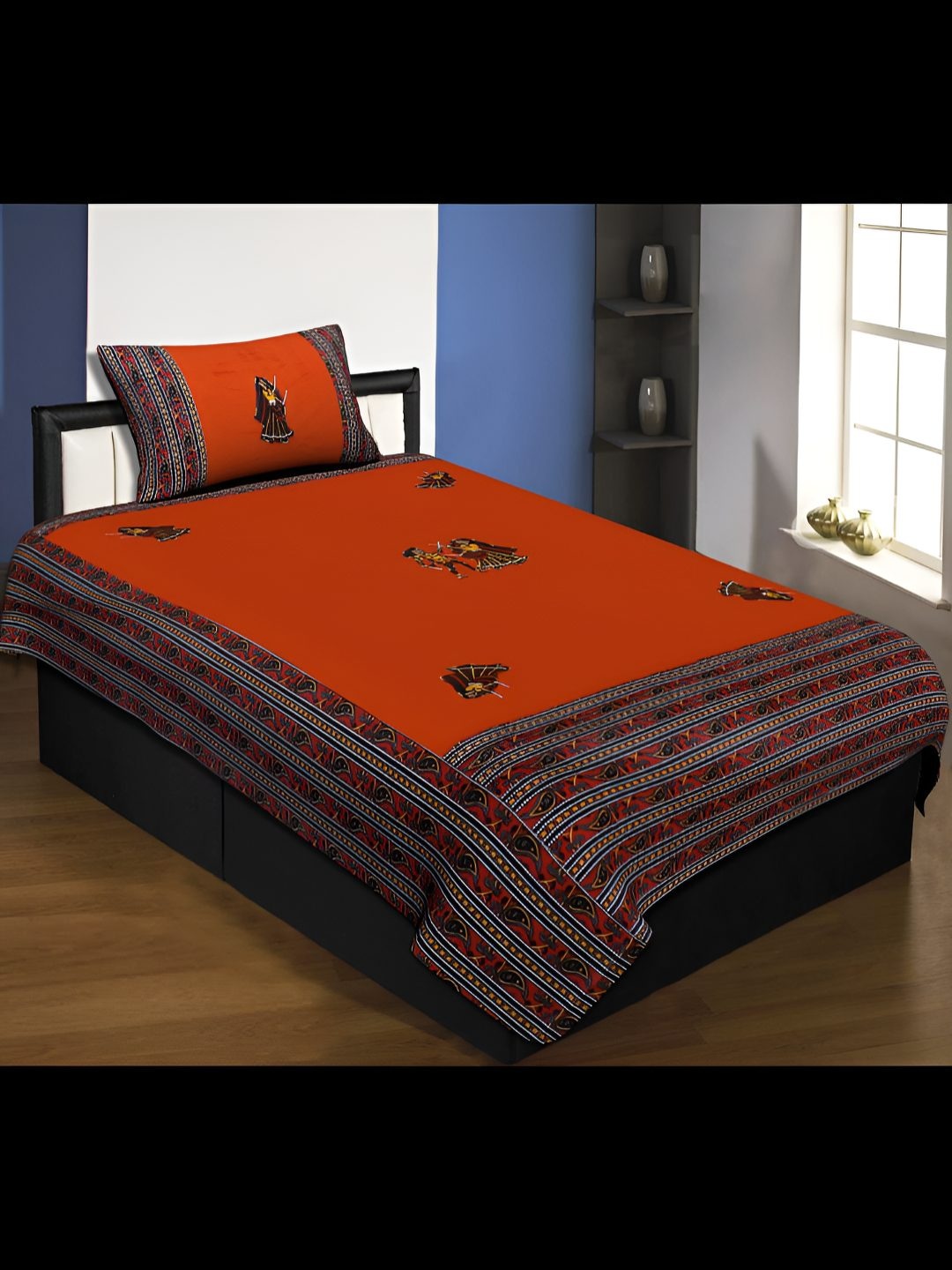 

BED-SHEET.COM Orange & Brown Floral Single Bedsheet with 1 Pillow Covers