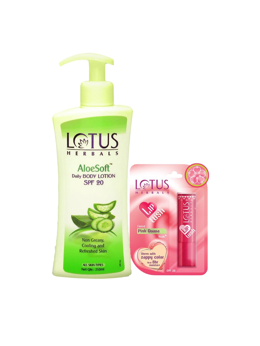 

Lotus Herbals Set Of 2 Aloesoft Body Lotion & Lip Lush Balm -Pink - 3.4 g, Green