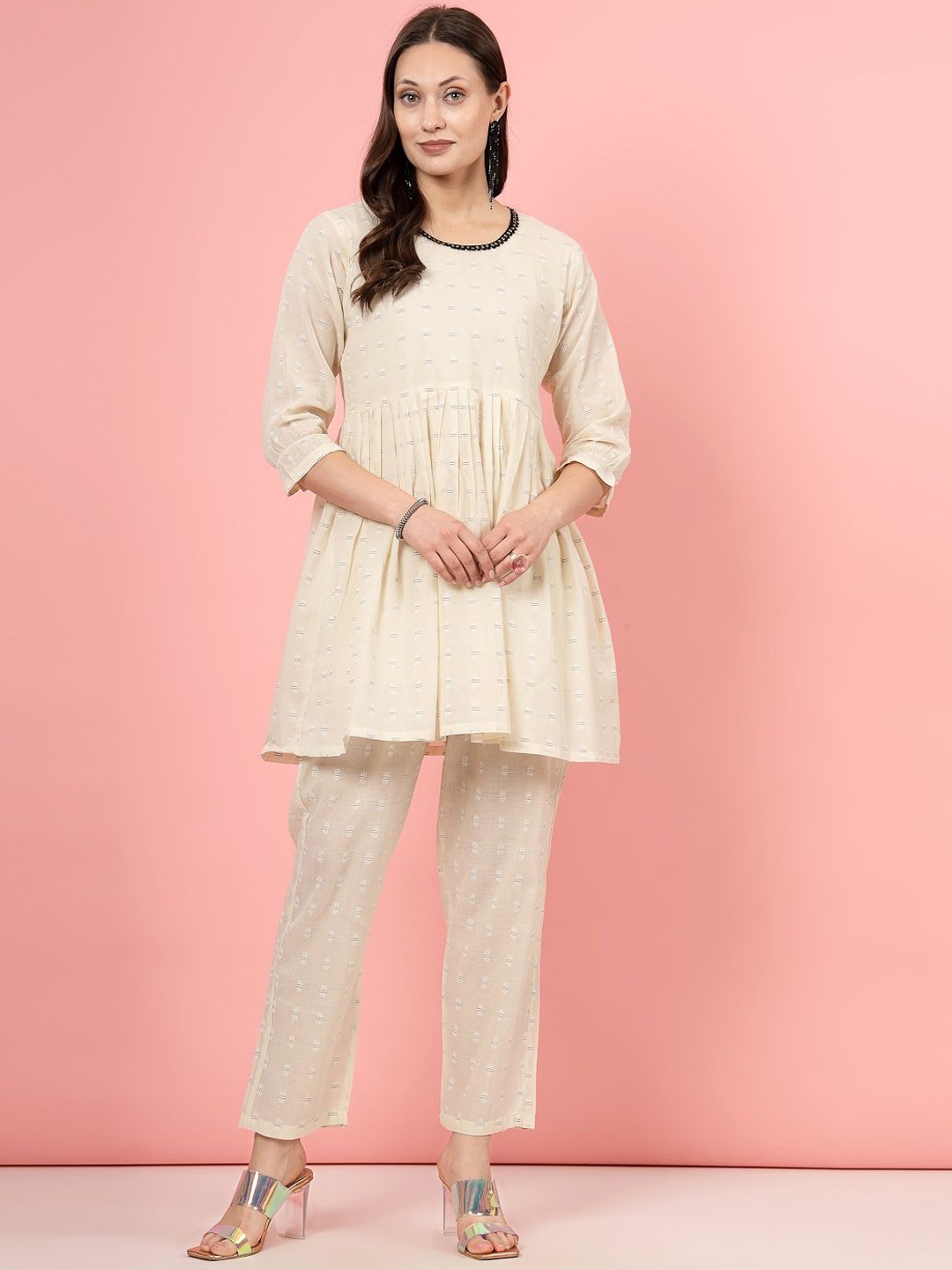 

Clora Creation Self Design Pure Cotton A-Line Top With Trouser, Cream