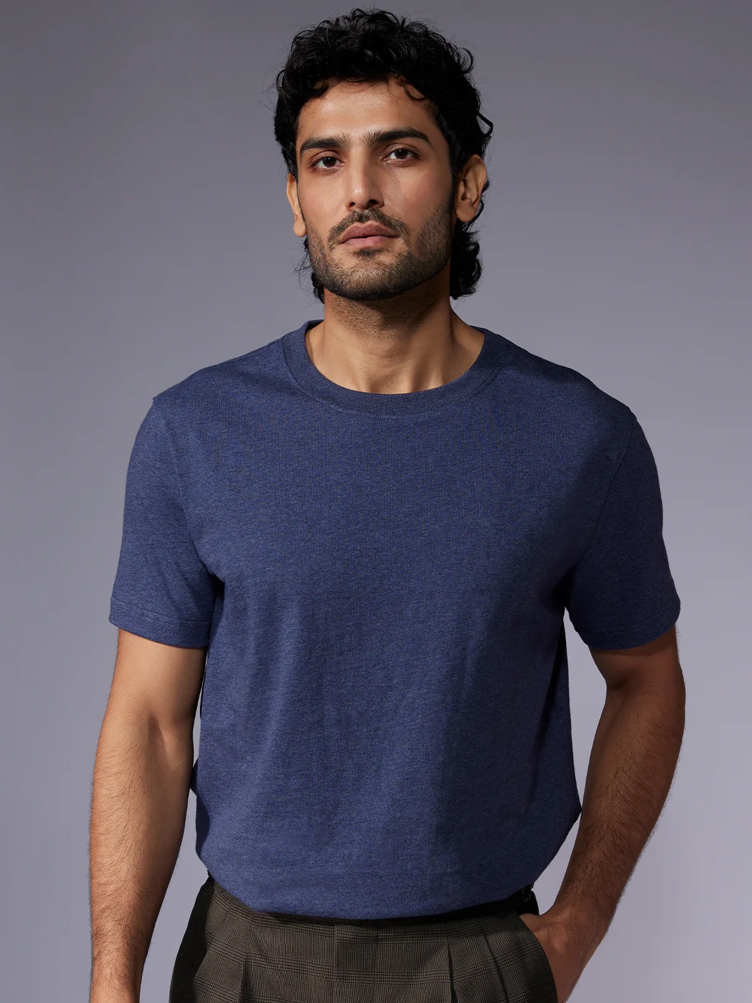 

Bombay Shirt Company Men Drop-Shoulder Sleeves Raw Edge T-shirt, Blue