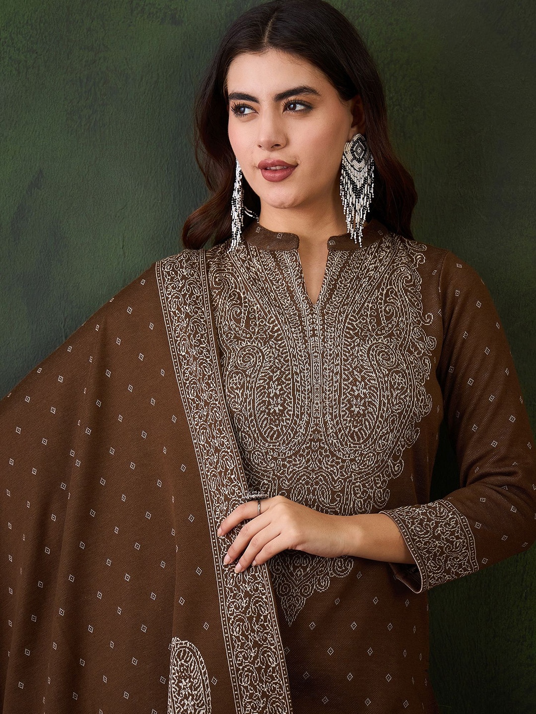 

Sangria Ethnic Motifs Woven Design Mandarin Collar Straight Kurta With Trouser & Dupatta, Brown