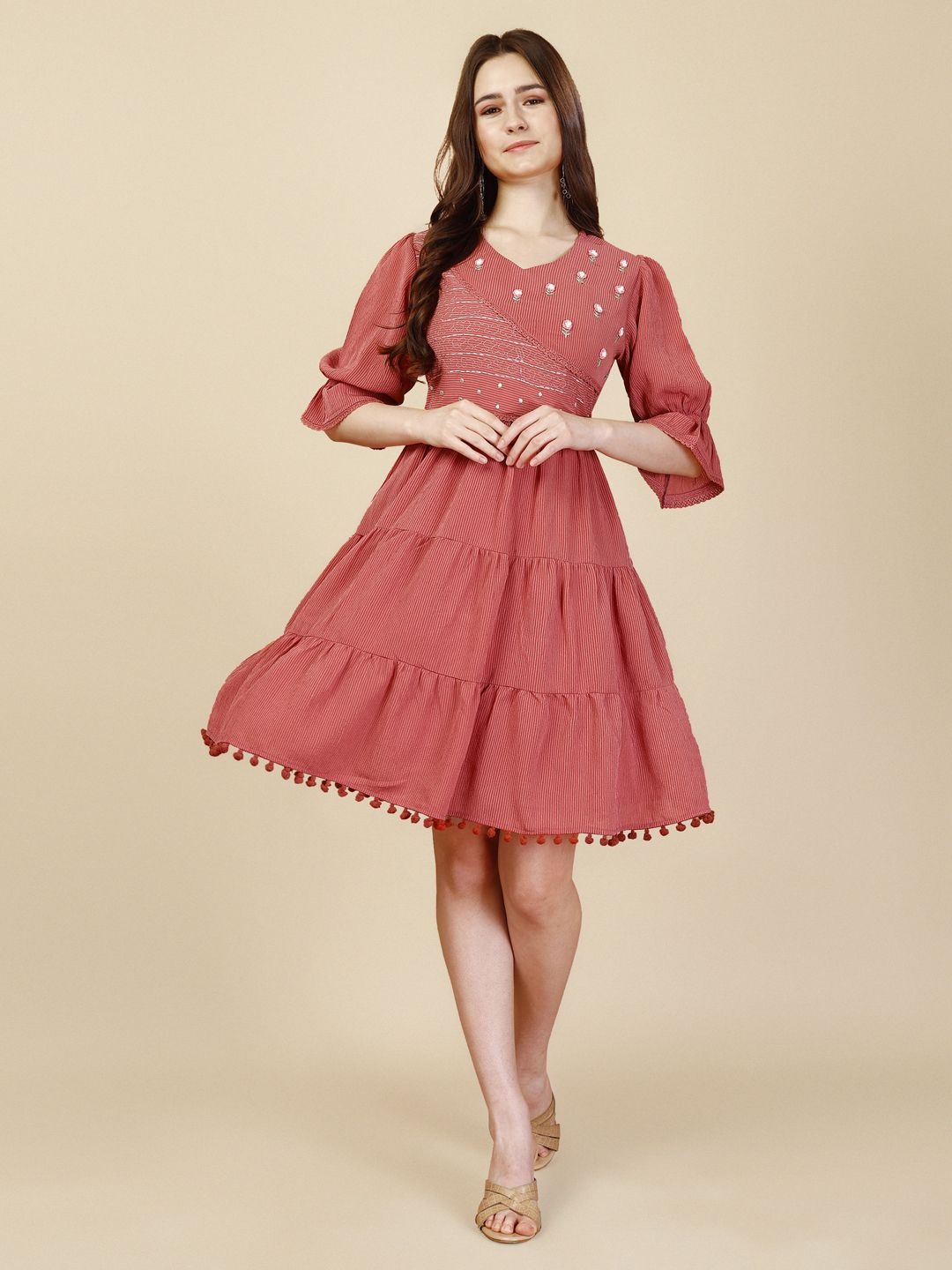 

DressBerry Women Embroidered Bell Sleeves Fit & Flare Dress, Pink