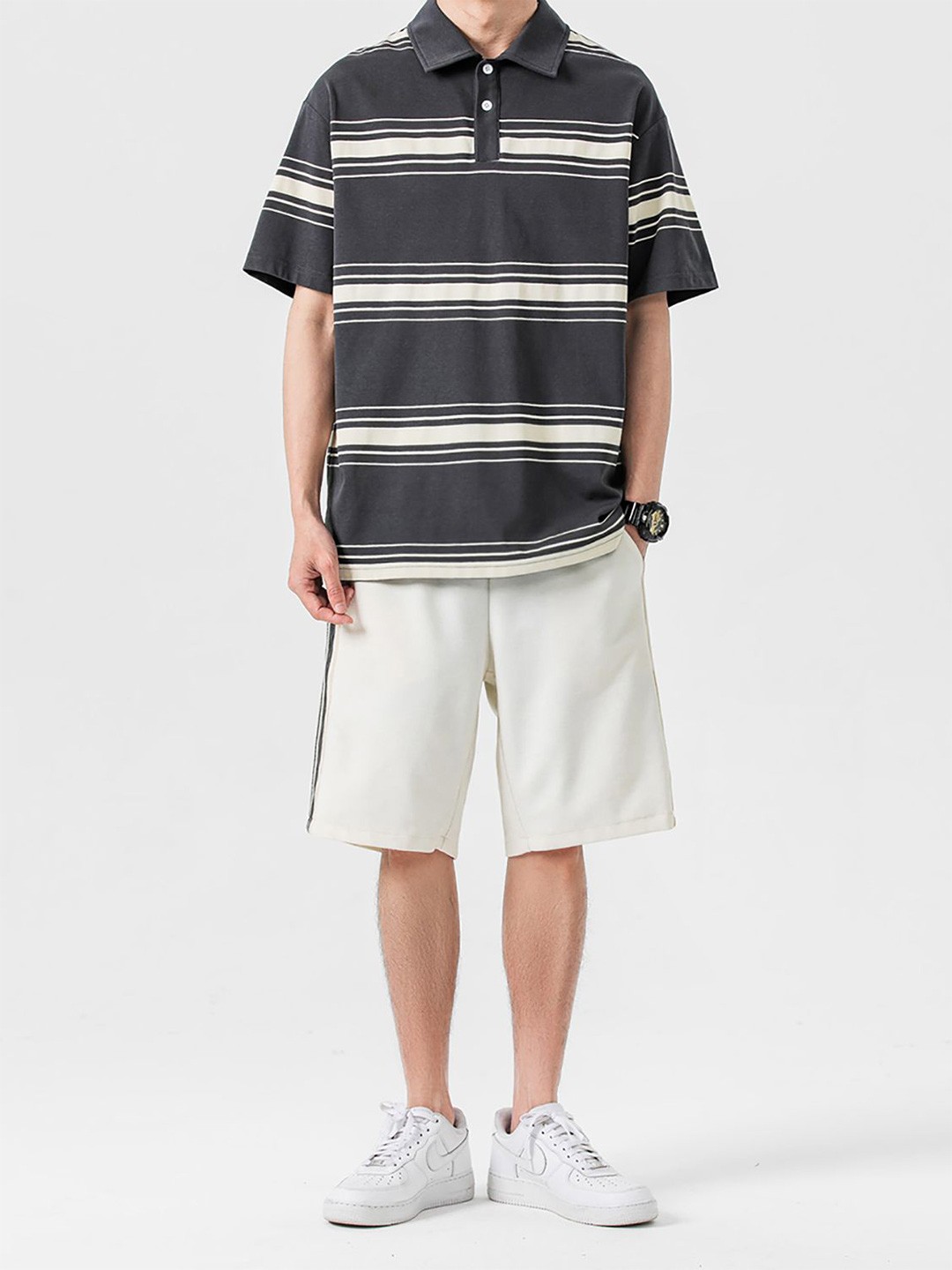 

StyleCast x Revolte Men Striped T-shirt with Shorts, Grey