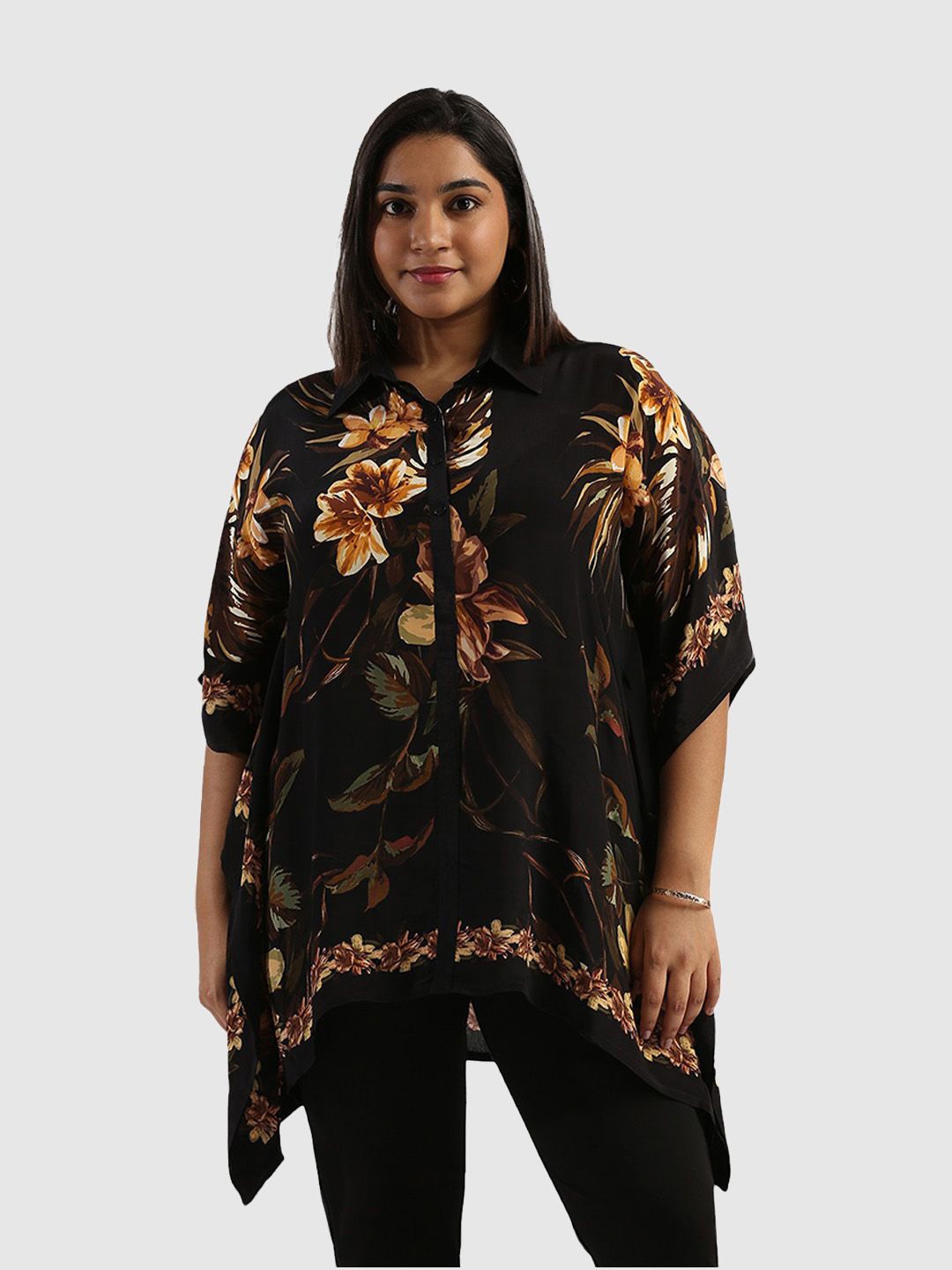 

Presence Women Floral Printed Kimono Sleeve Kaftan Regular Top, Black