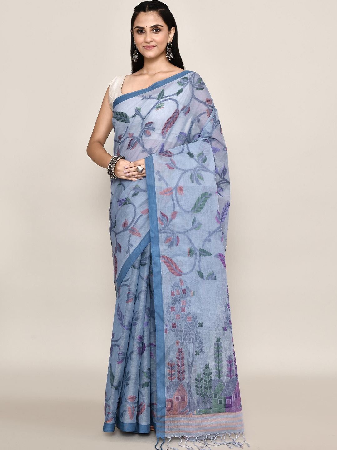 

PUKU Floral Printed Pure Cotton Taant Saree, Blue
