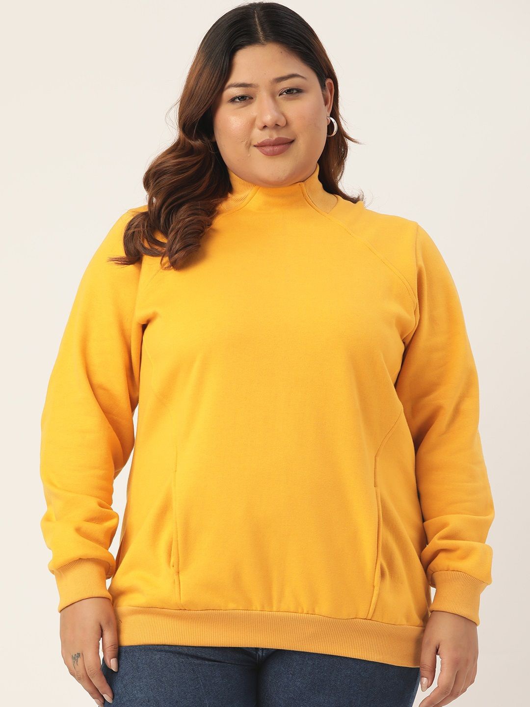 

theRebelinme Women Plus Size High Neck Long Sleeves Sweatshirt, Yellow