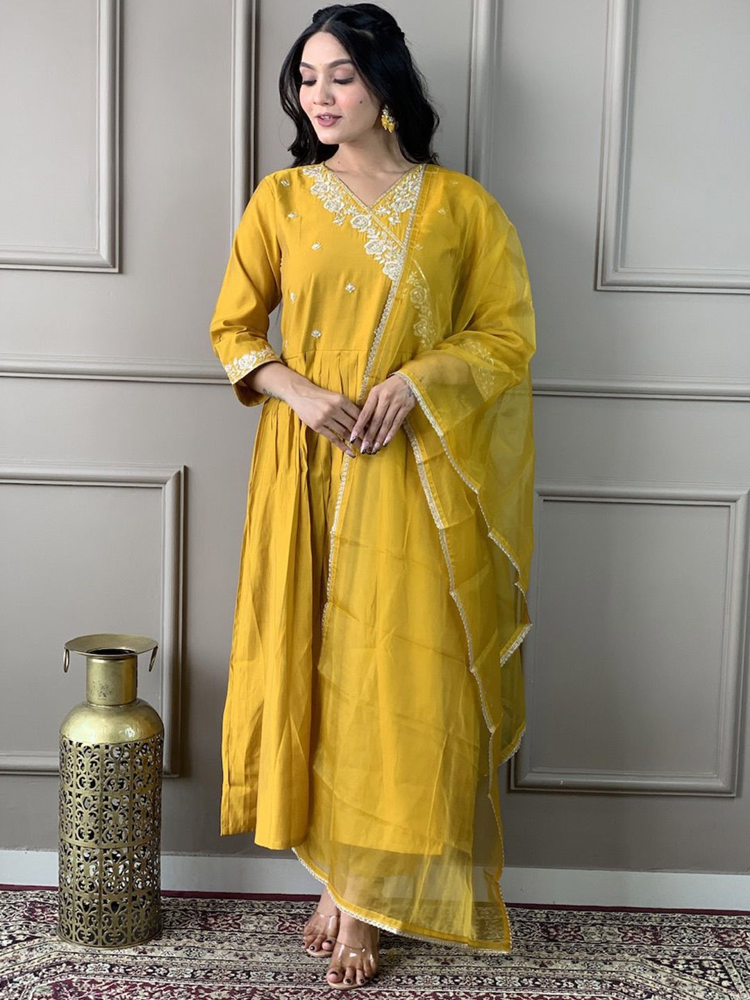 

TWINS LADY Ethnic Motifs Embroidered Anarkali Kurta with Trousers & Dupatta, Yellow