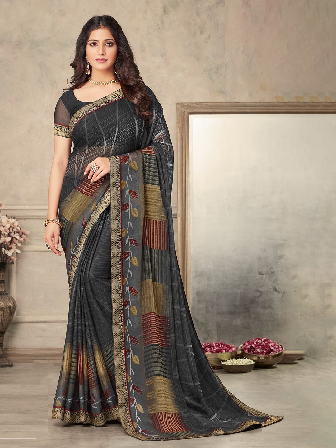 

Reboot Fashions Zari Pure Chiffon Saree, Grey