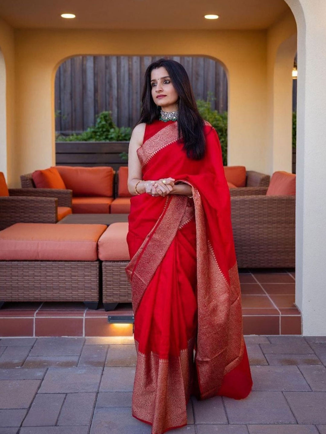 

Areca Designer Floral Woven Design Zari Pure Silk Banarasi Saree, Red