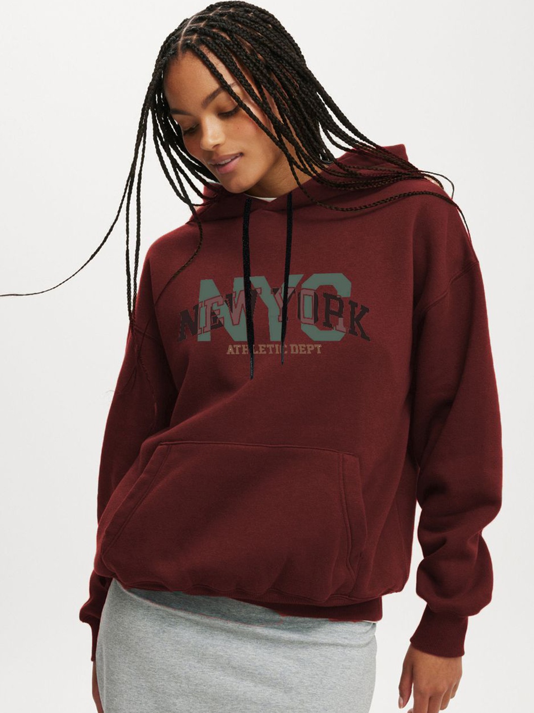 

Genzy Women Printed Hooded Pullover Sweatshirt, Maroon