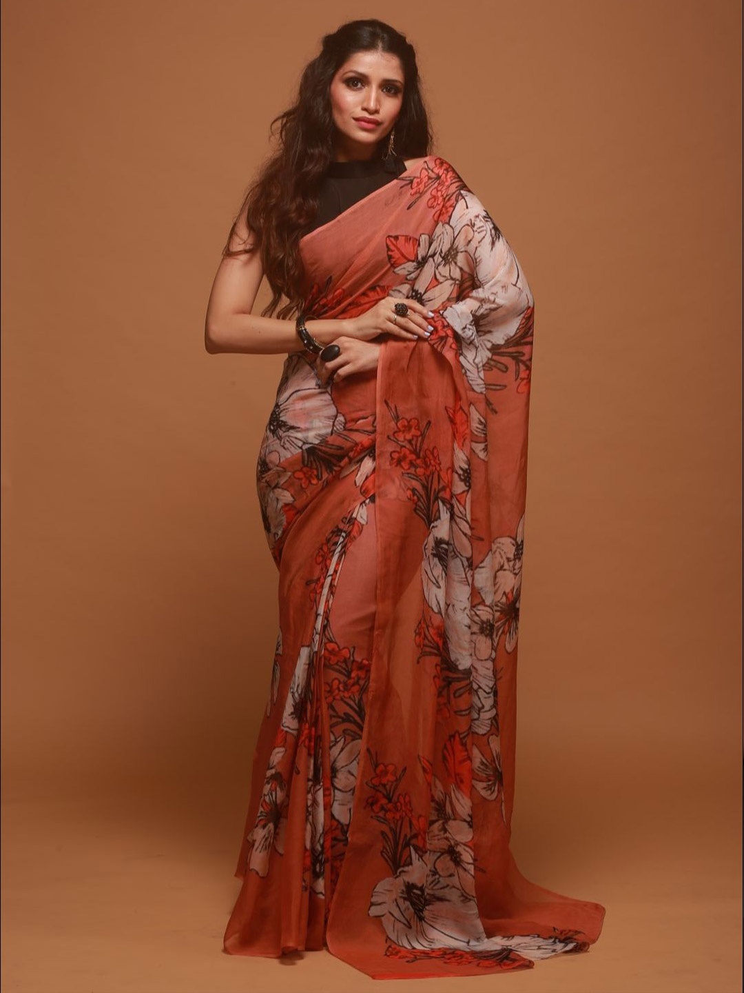 

IZU Floral Printed Pure Georgette Block Print Saree, Rust