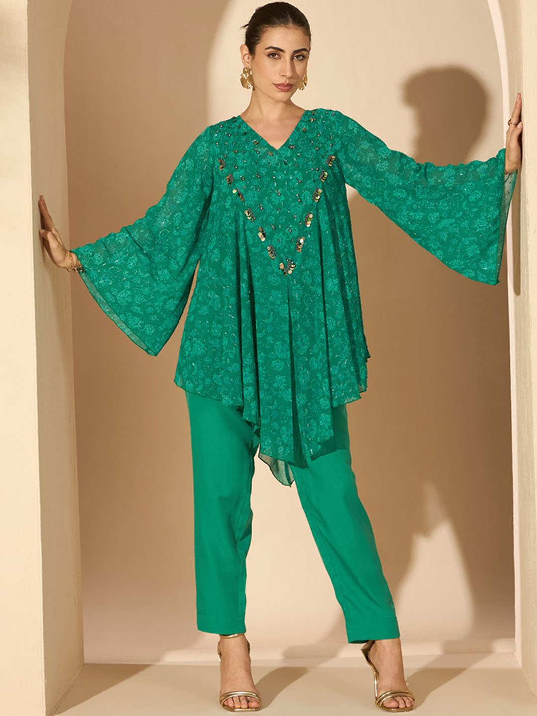 

Antheaa Green Embellished V-Neck Tunic With Trousers