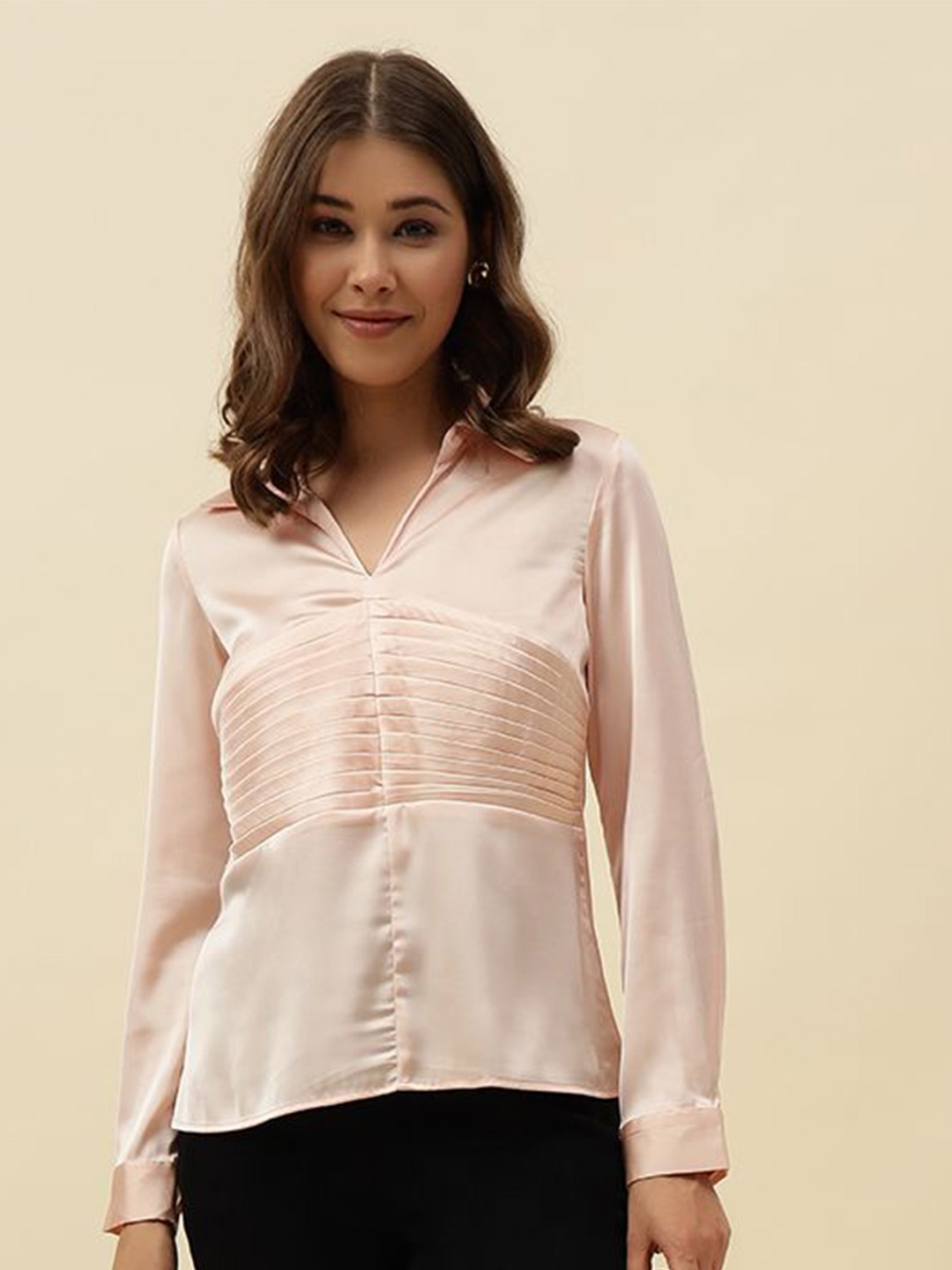 

Beatnik Women Satin Shirt Style Top, Peach