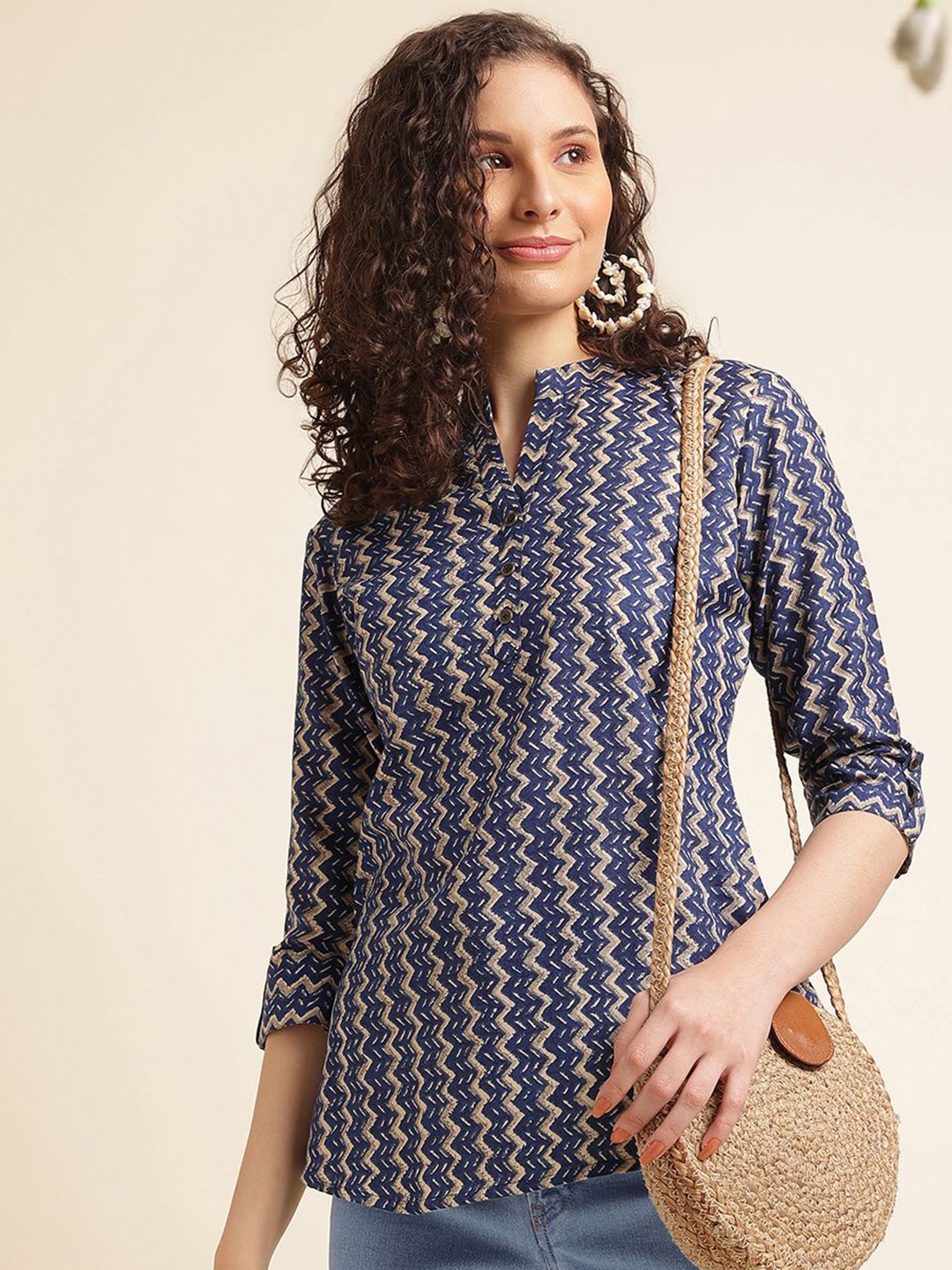 

DressBerry Women Floral Print Mandarin Collar Roll-Up Sleeves Top, Blue