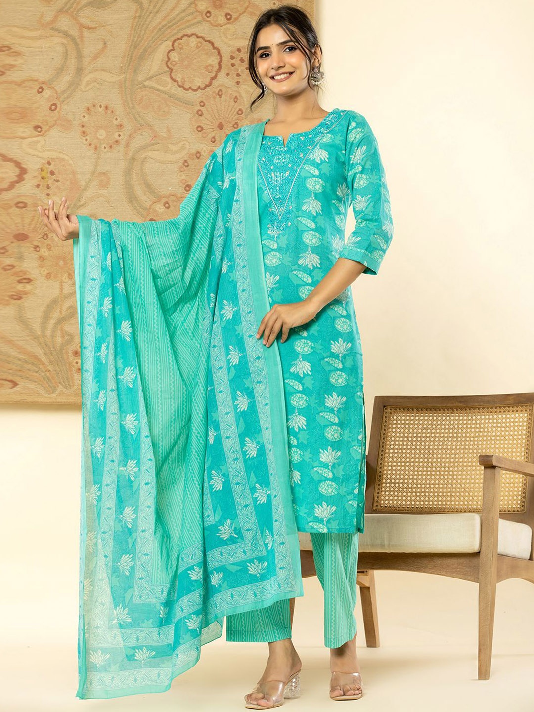 

Yufta Turquoise Blue Floral Printed Thread Work Pure Cotton Kurta & Trouser With Dupatta