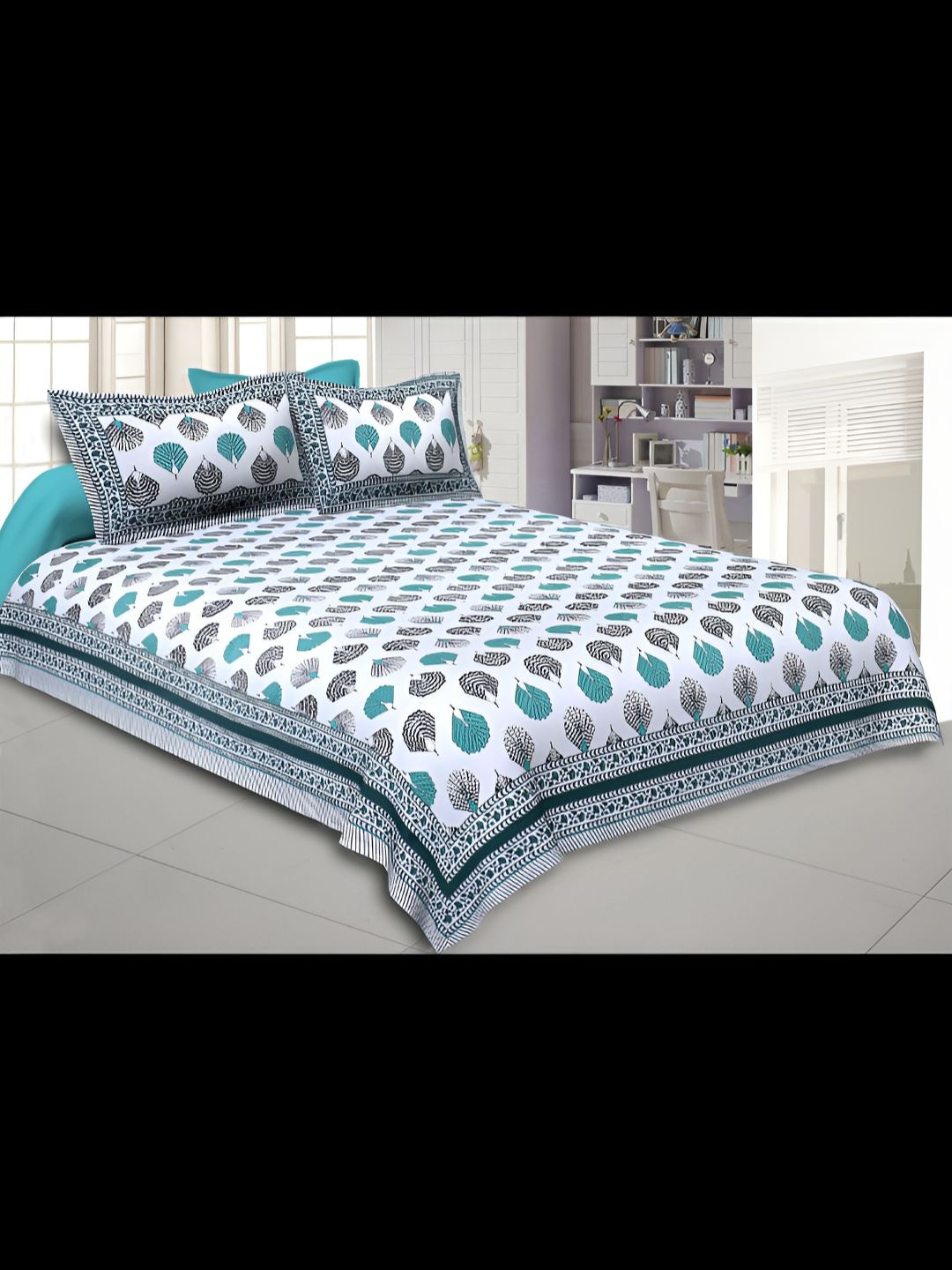 

BED-SHEET.COM Green & White Geometric King Bedsheet with 2 Pillow Covers