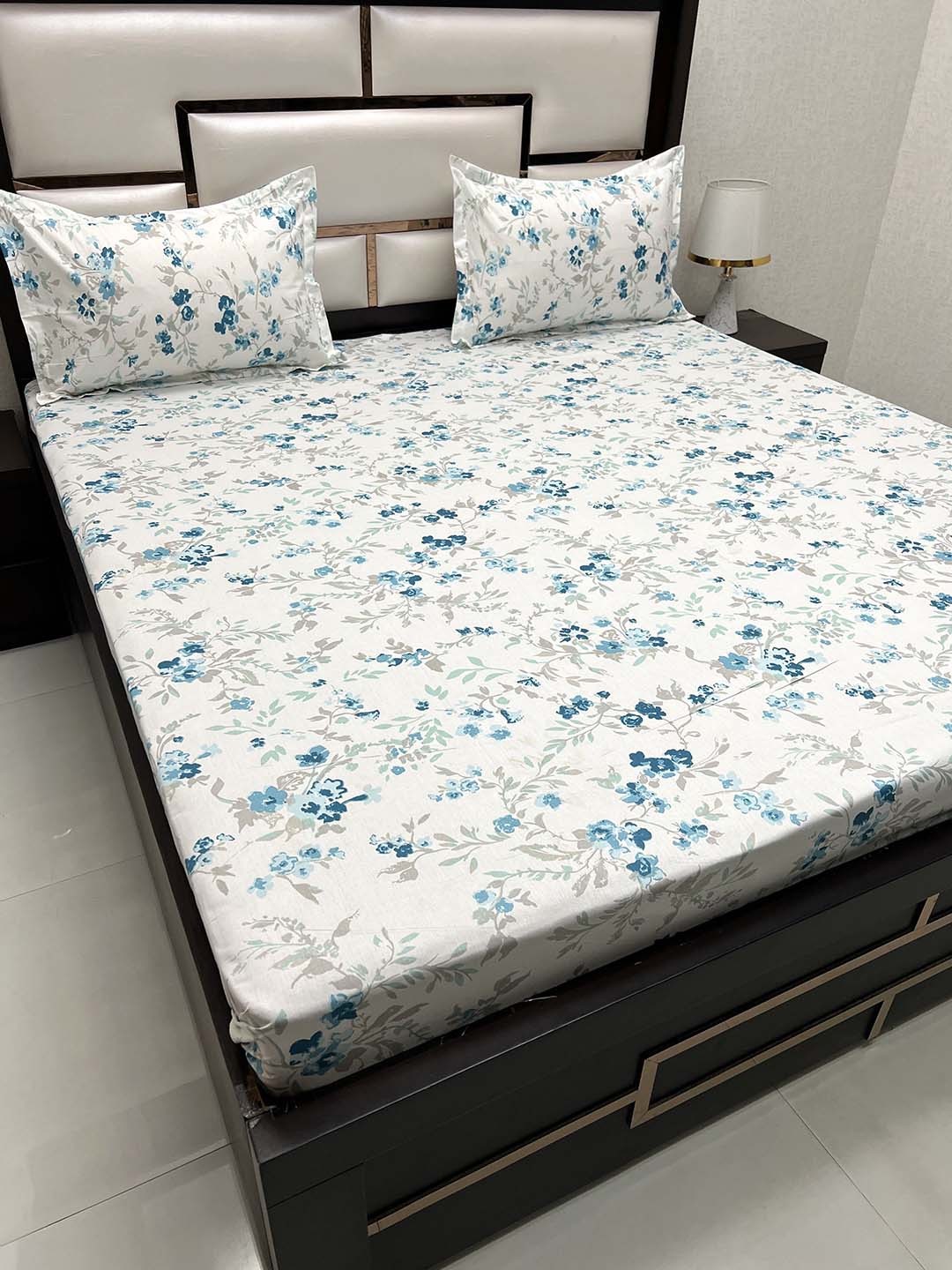 

Pure Decor White & Blue Floral Queen Bedsheet with 2 Pillow Covers