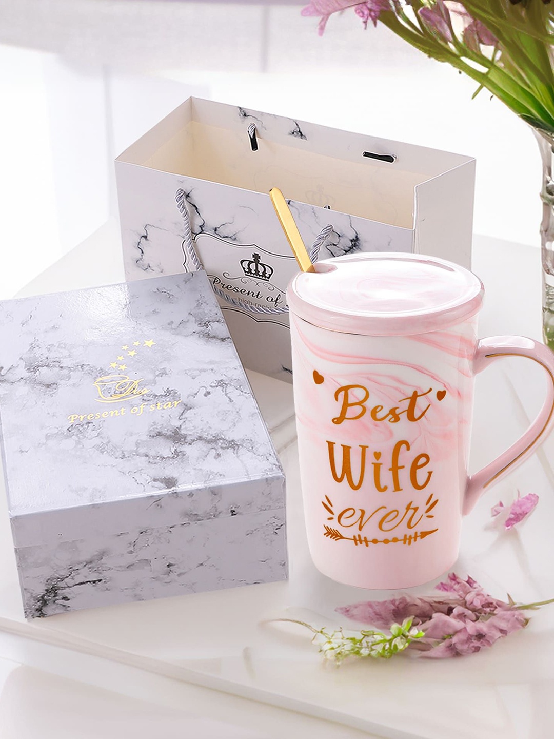 

Gleevers Pink & White Printed Ceramic Glossy Mug With Lid & Spoon 400 ml