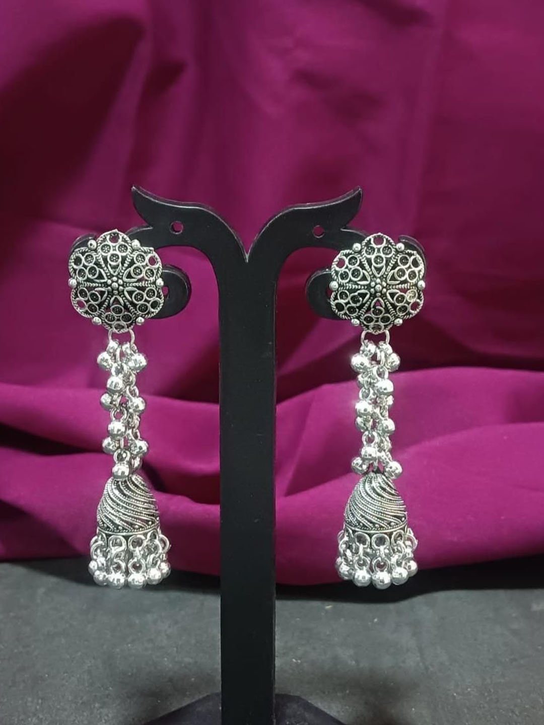 

Efulgenz Rhodium-Plated Dome Shaped Stone Studded & Beaded Oxidized Jhumkas, Silver