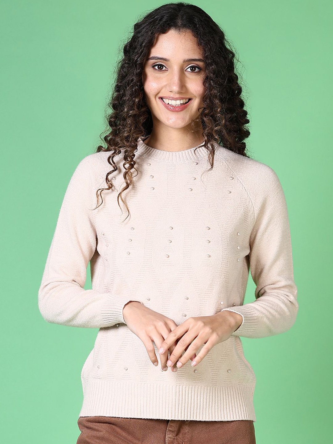 

V-Mart Women Embellished Round Neck Pullover Sweater, Off white