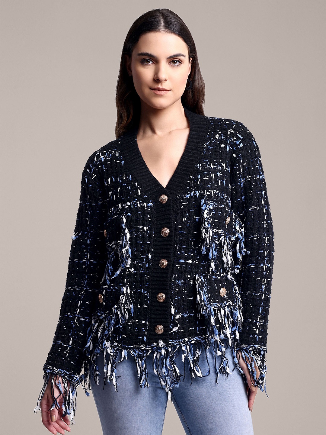 

iki chic Women Woollen Cardigan with Fringed Detail, Black