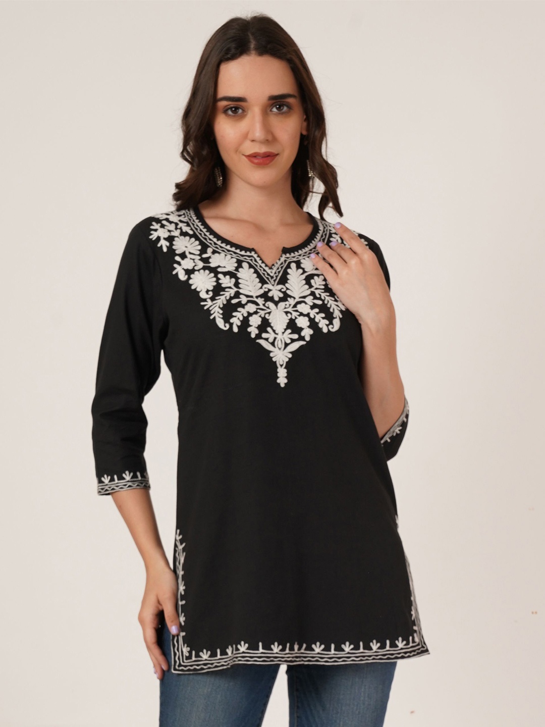 

Brownverse Women Floral Embroidered Round Neck Top, Black