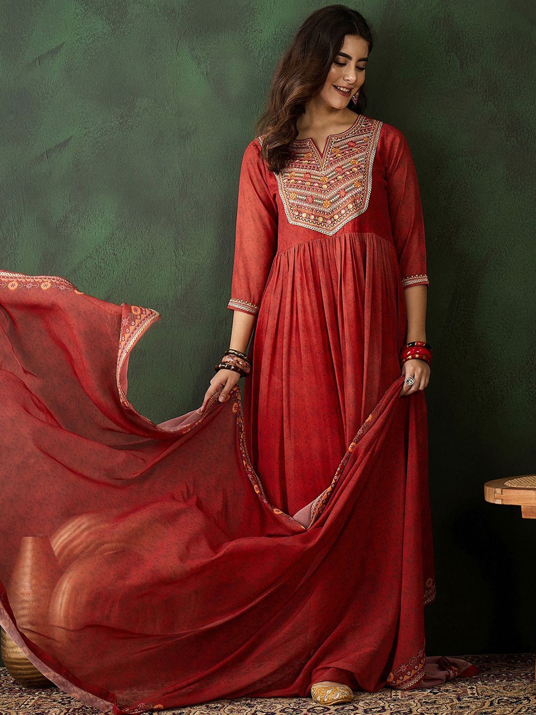 

Sangria Zari Sequence Embroidered Kurta & Trousers With Dupatta, Orange