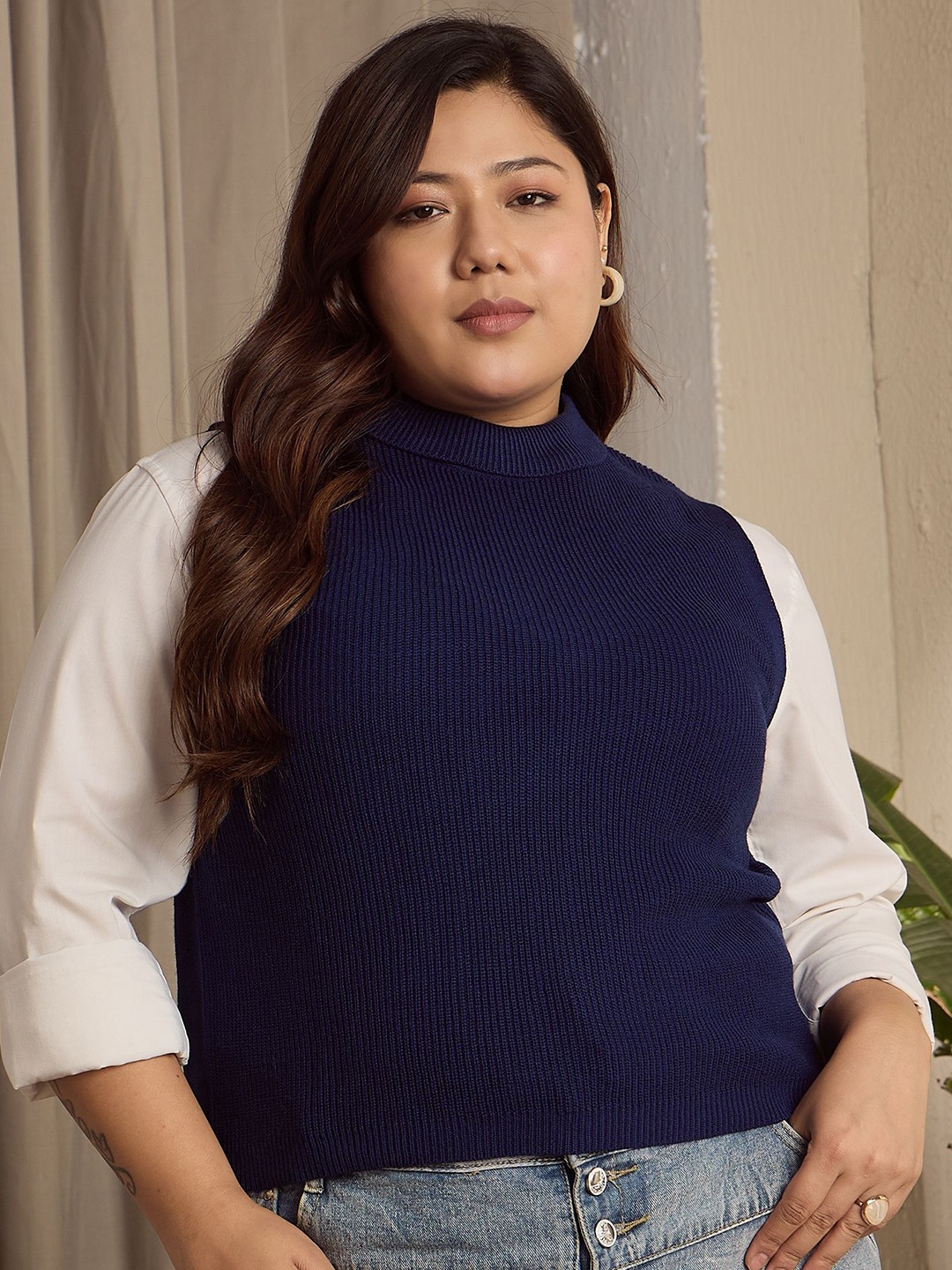 

Berrylush Curve Women Plus Size Turtle Neck Sweater Vest, Navy blue