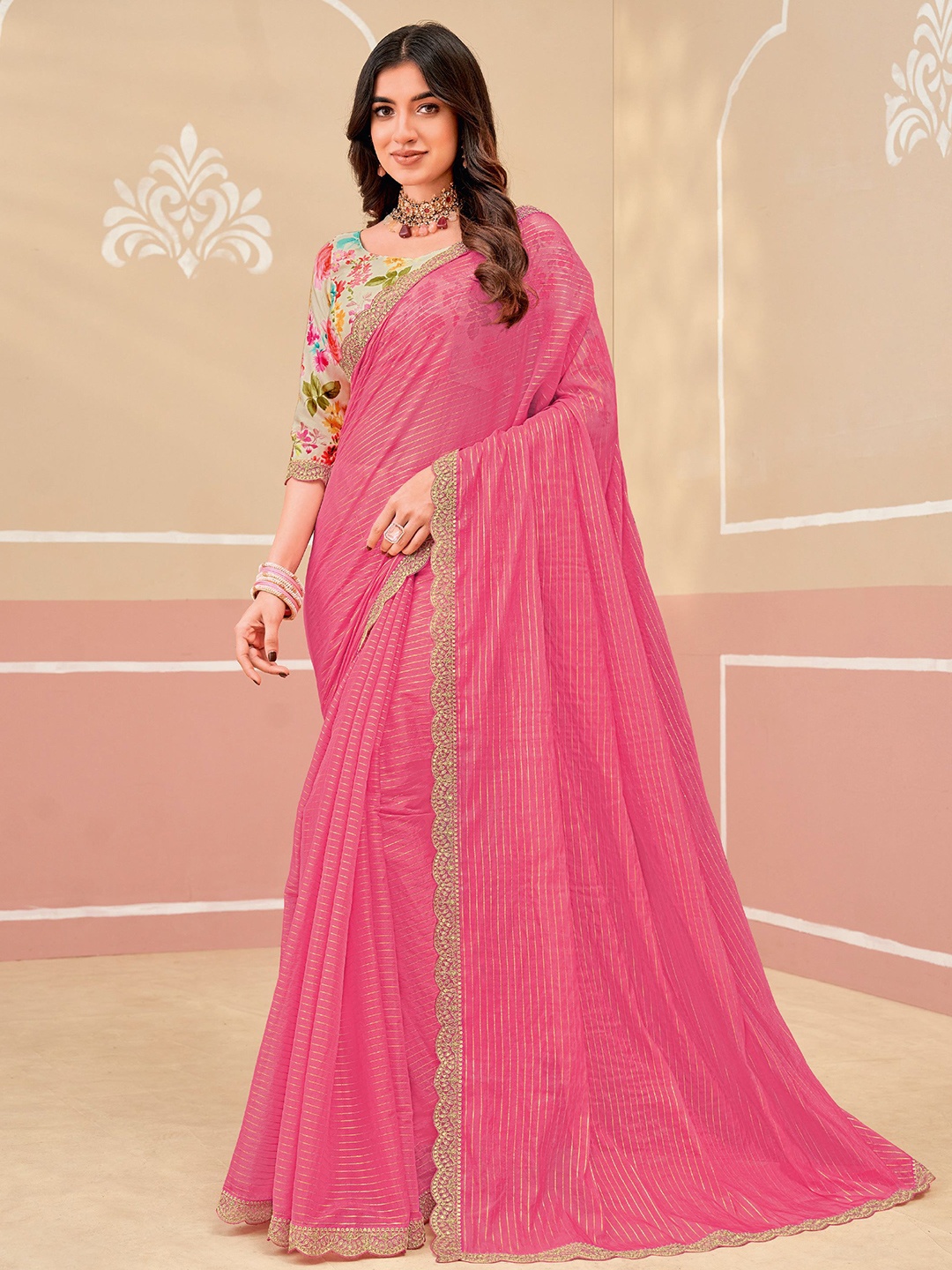 

Laxmipati Striped Beads and Stones Saree, Pink