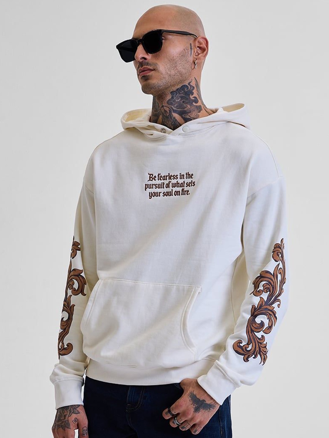 

Snitch Men Printed Hooded Pullover Sweatshirt, Cream