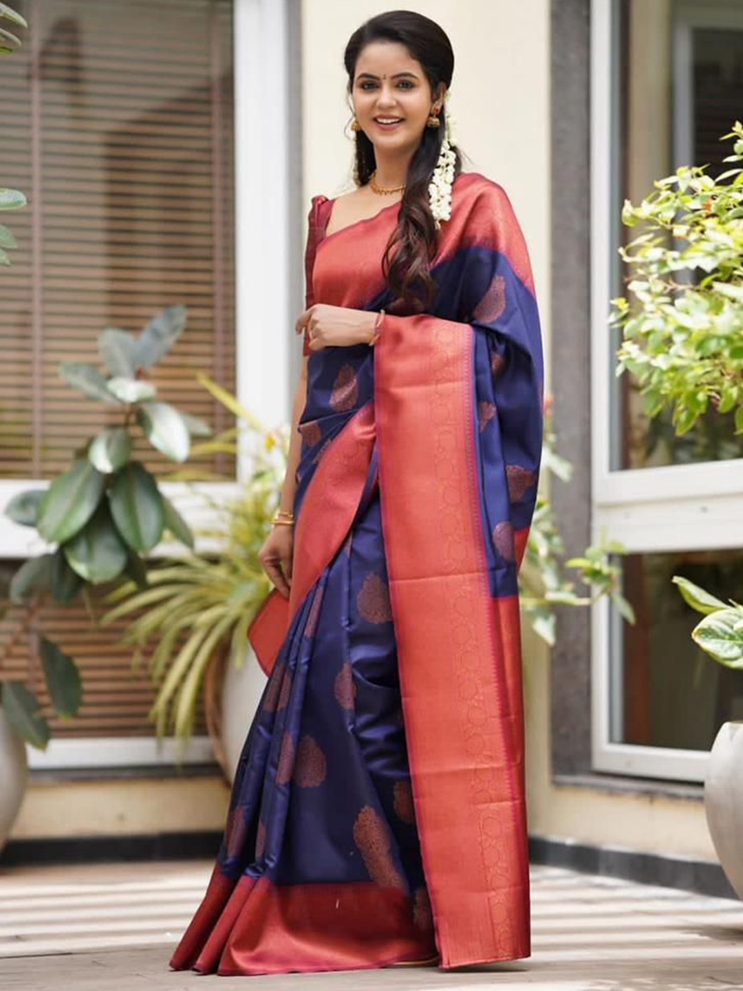 

Areca Designer Ethnic Motifs Woven Design Zari Pure Silk Banarasi Saree, Blue