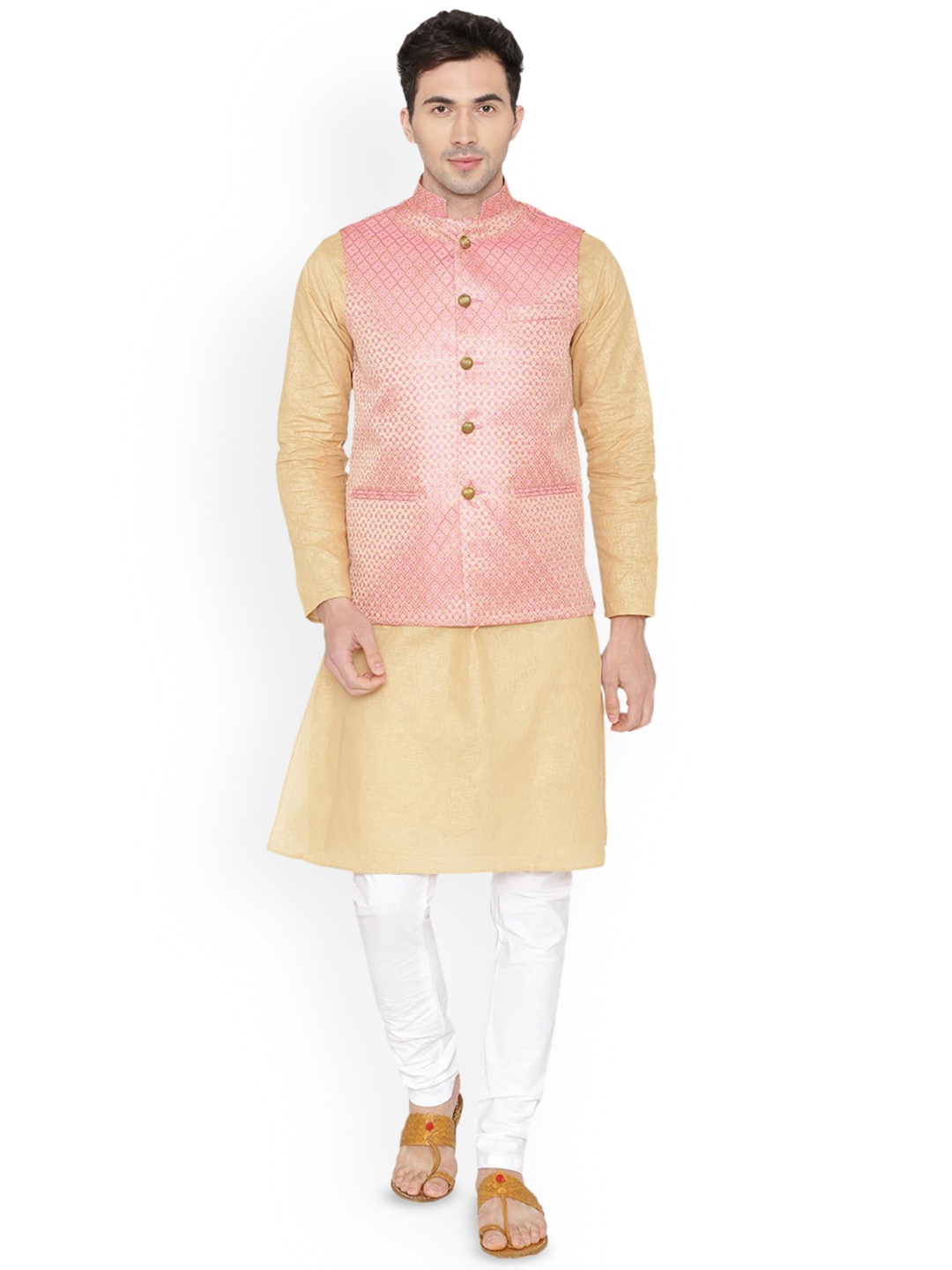 

Wintage Mandarin Collar Long Sleeves Straight Kurta with Pyjamas & Nehru Jacket, Cream