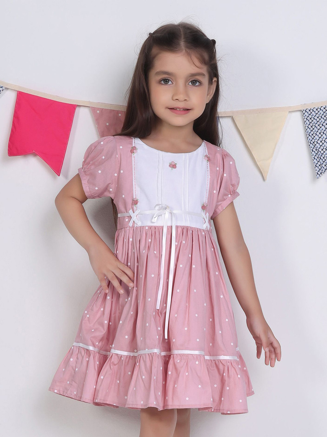 

Soleilclo Girls Polka Dot Printed Puff Sleeve Fit & Flare Dress, Pink
