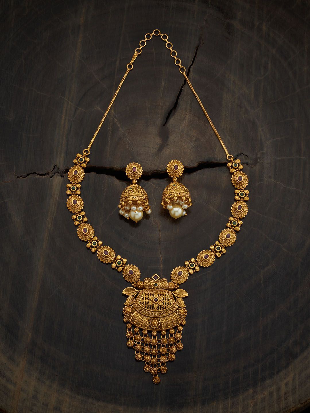 

Kushal's Fashion Jewellery Gold-Plated Stone-Studded & Beaded Antique Necklace & Earrings