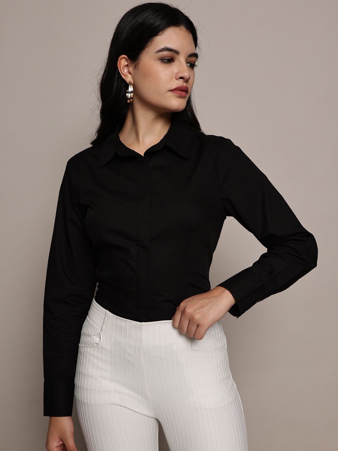 

French Connection Women Premium Slim Fit Opaque Casual Shirt, Black