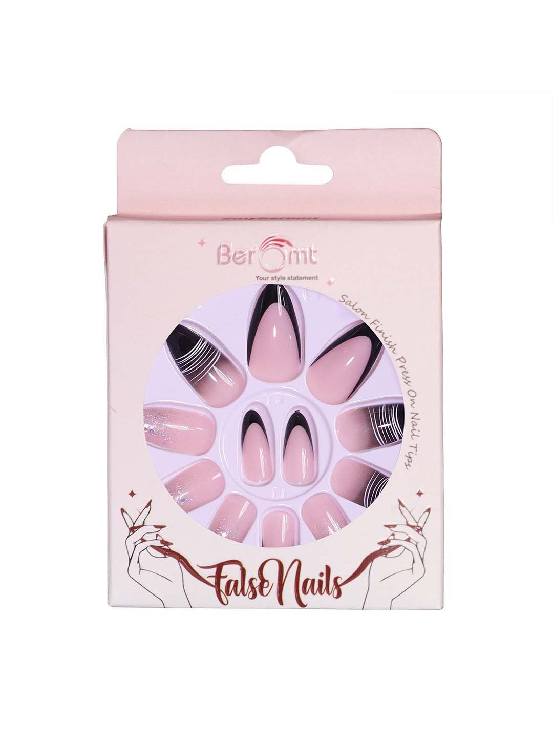 

BEROMT Set Of 16 Press On Artificial Nails With Nail Glue, Filler Shade - BFN327FN, Pink