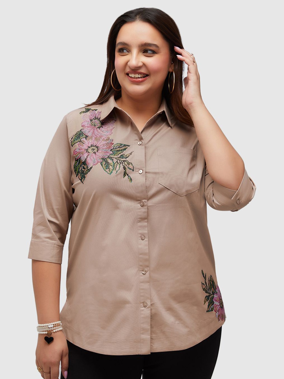 

Presence Women Straight Floral Opaque Casual Shirt, Brown