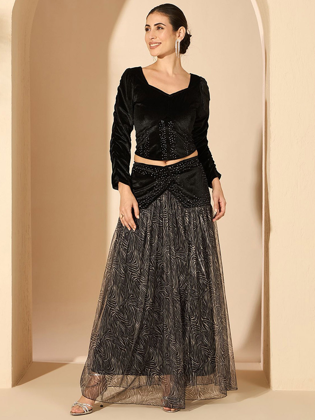 

Antheaa Velvet Embellished Square Neck Top with Skirt, Black
