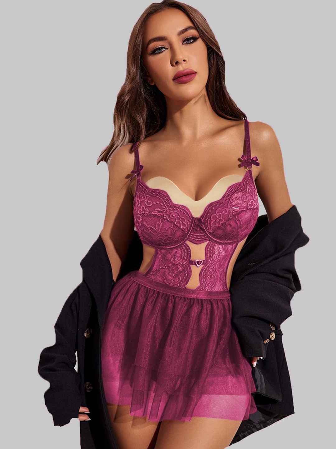 

FIMBUL Women Self Design Shoulder Straps Flared Baby Doll, Burgundy